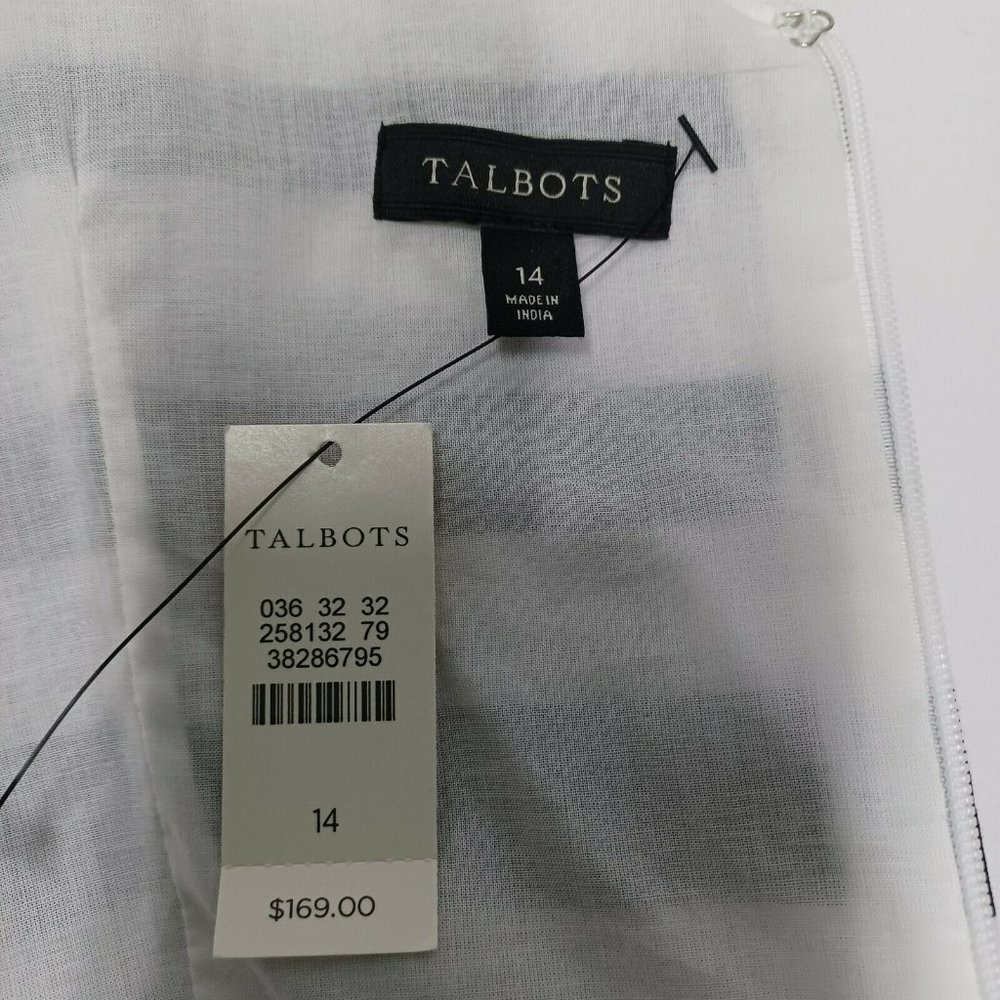 Talbots Dress Fit & Flare Pleated Sz 14 Sleeveless Linen Cotton Black White - Picture 9 of 10